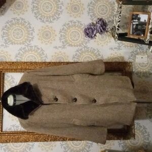 Vintage brown wool tweed single breast shearling wood buttons winter warm 40L